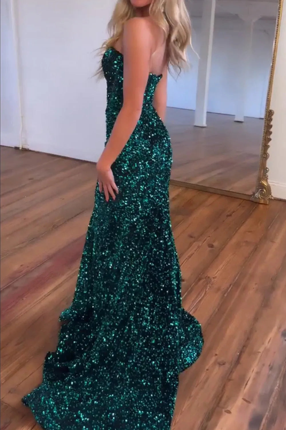 Wholesale Glitter Sequin Dark Green Mermaid Sweetheart Long Prom Party Dress prom clothing